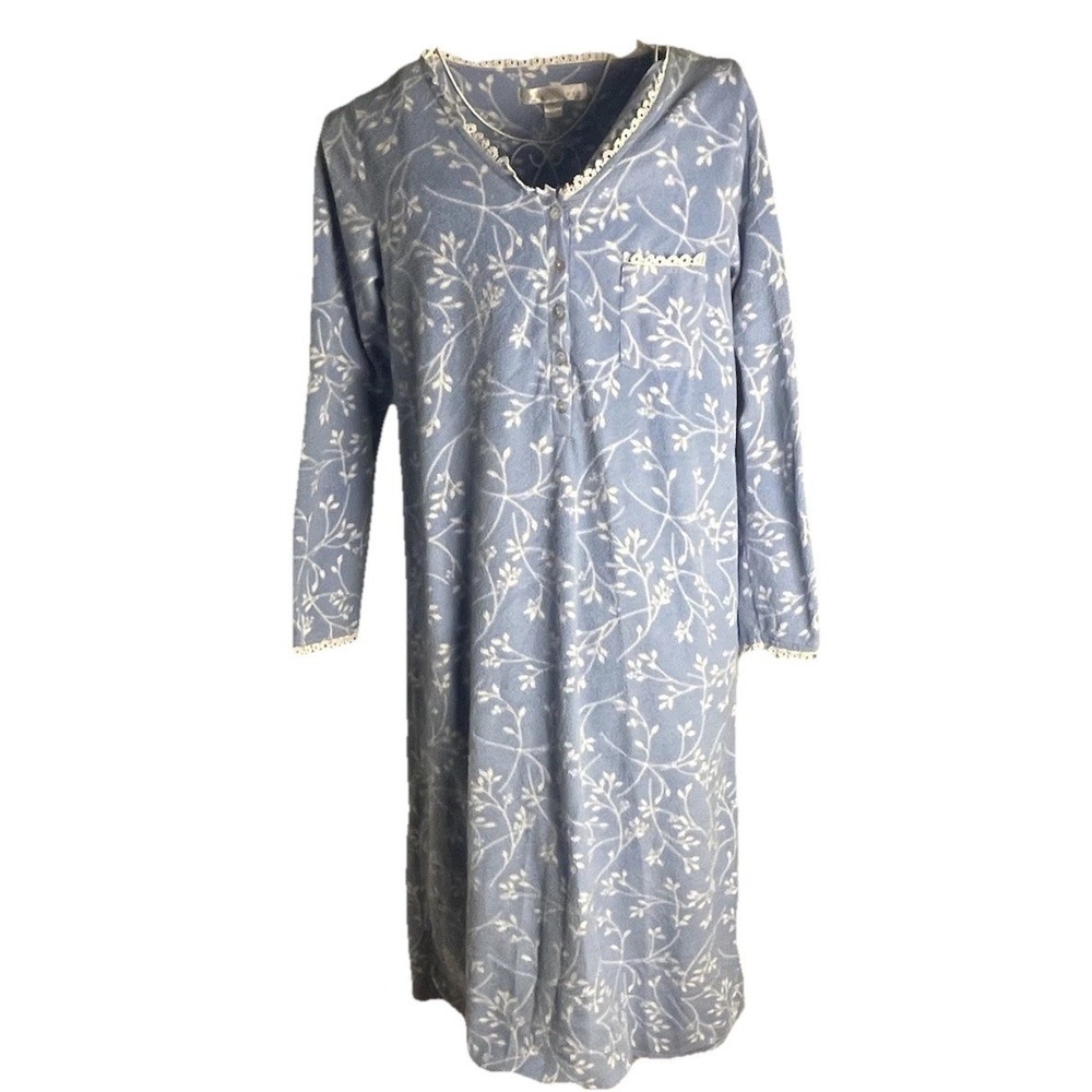 Eileen West Flannel Nightgown Size M Long Sleeve Floral Print Knee Length Blue